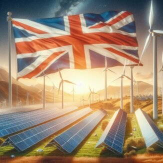 genuine solar arrays, wind turbines, and a union jack flag in a landscape image