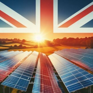 solar pv commercial array with uk flag overlay